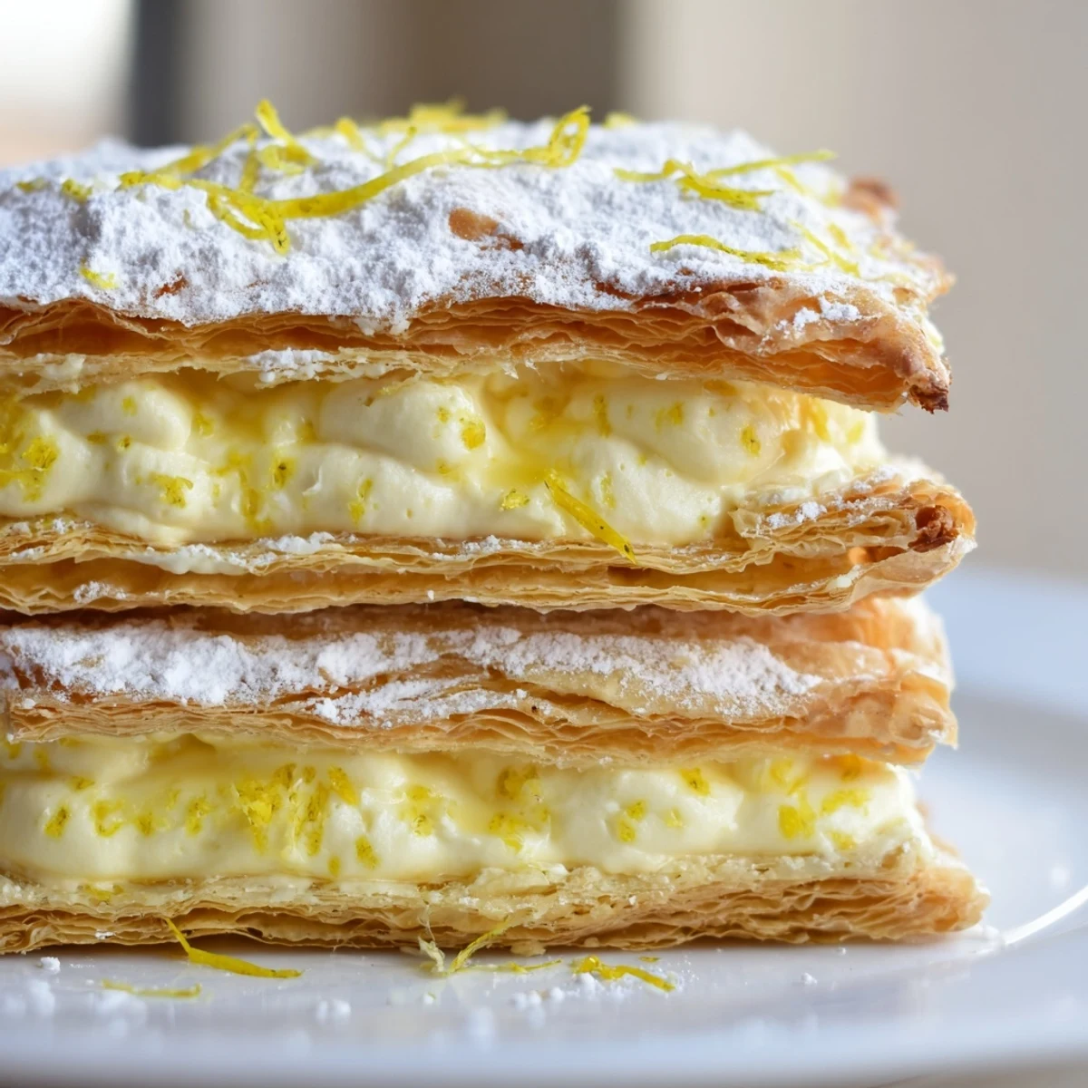Crisp golden lemon ricotta puff pastry mille feuille dusted with snowy powdered sugar