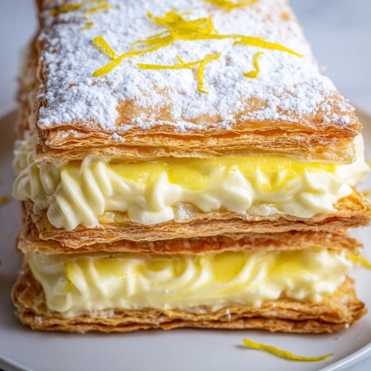 Elegant lemon ricotta puff pastry mille feuille showcasing three golden layers with tangy cream