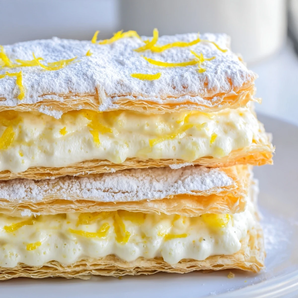 Layered lemon ricotta puff pastry mille feuuille with creamy citrus filling and flaky shells