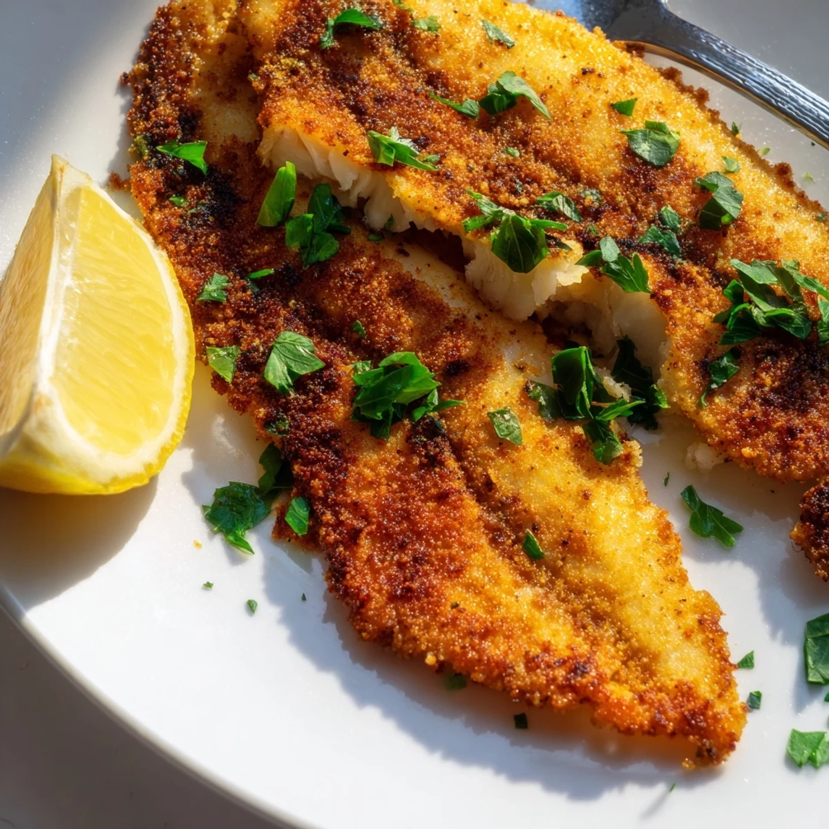 Golden pan fried tilapia fillets garnished with fresh parsley and lemon wedges on a white plate