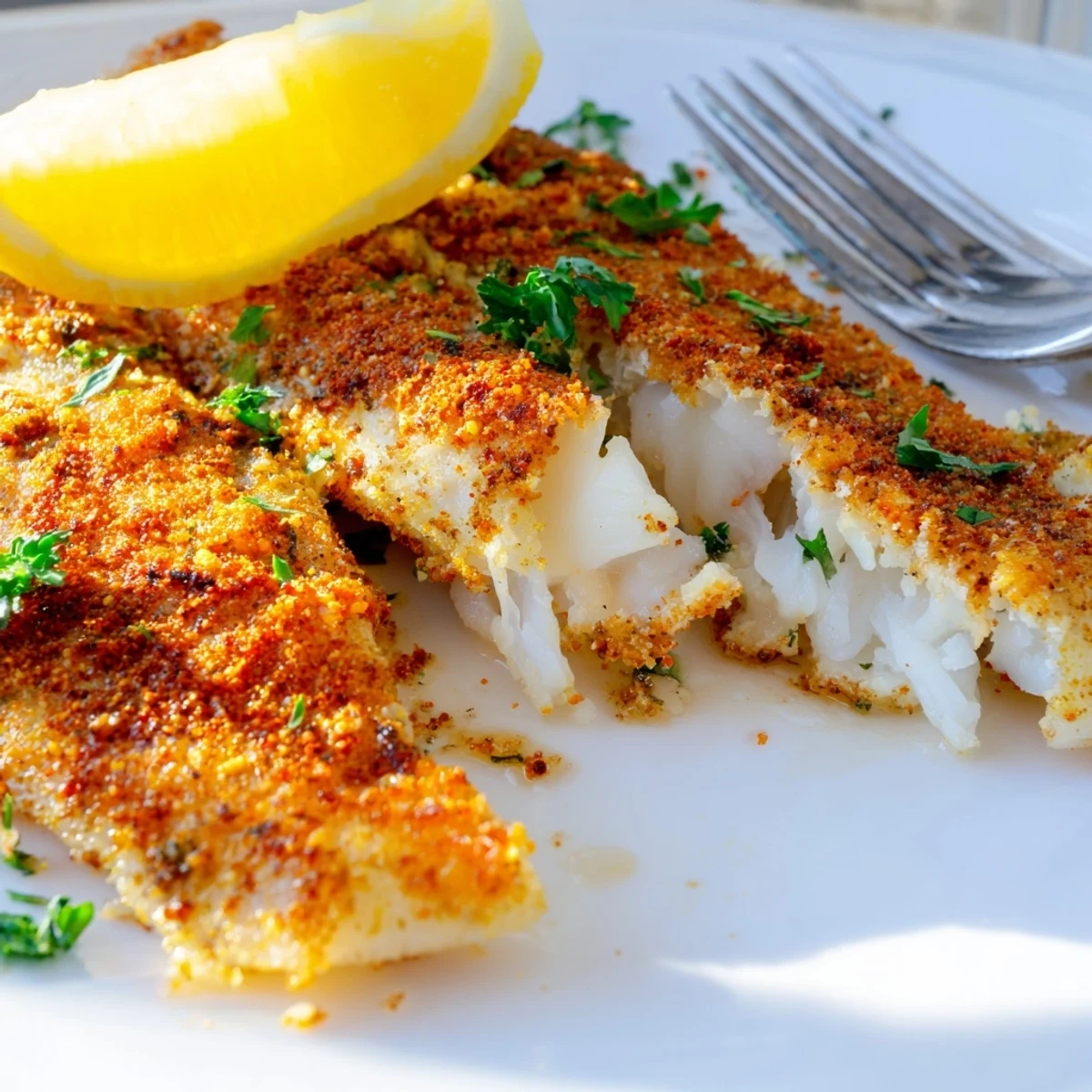 Crispy pan fried tilapia sizzling in a cast iron skillet with melted butter and herbs