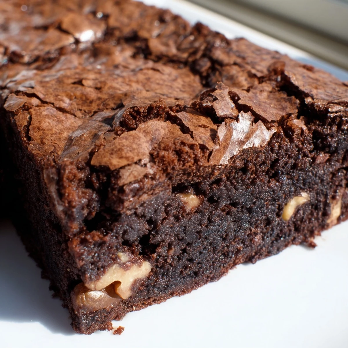 Thick gooey ultimate brownies studded with dark chocolate chunks on a rustic board