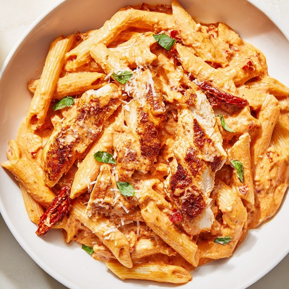 Creamy Marry Me Chicken Pasta topped with fresh basil and Parmesan cheese