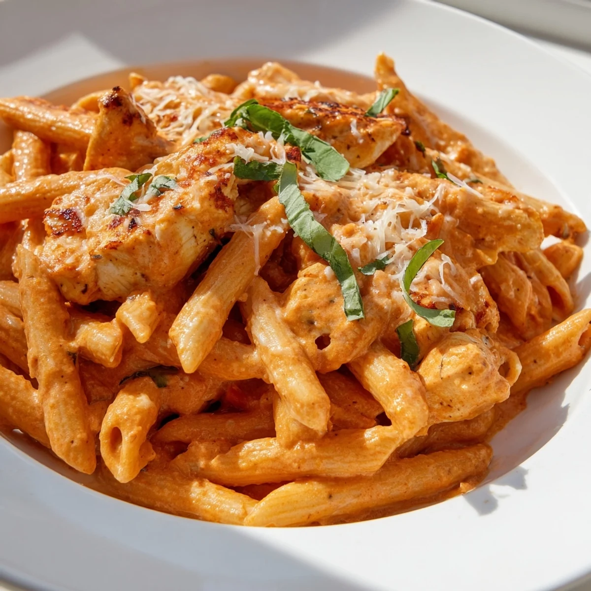 Golden seared chicken slices over creamy sun-dried tomato Marry Me Chicken Pasta