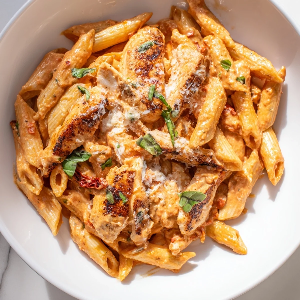 Steaming plate of Copycat Sun Dried Tomato Marry Me Chicken Pasta garnished with basil