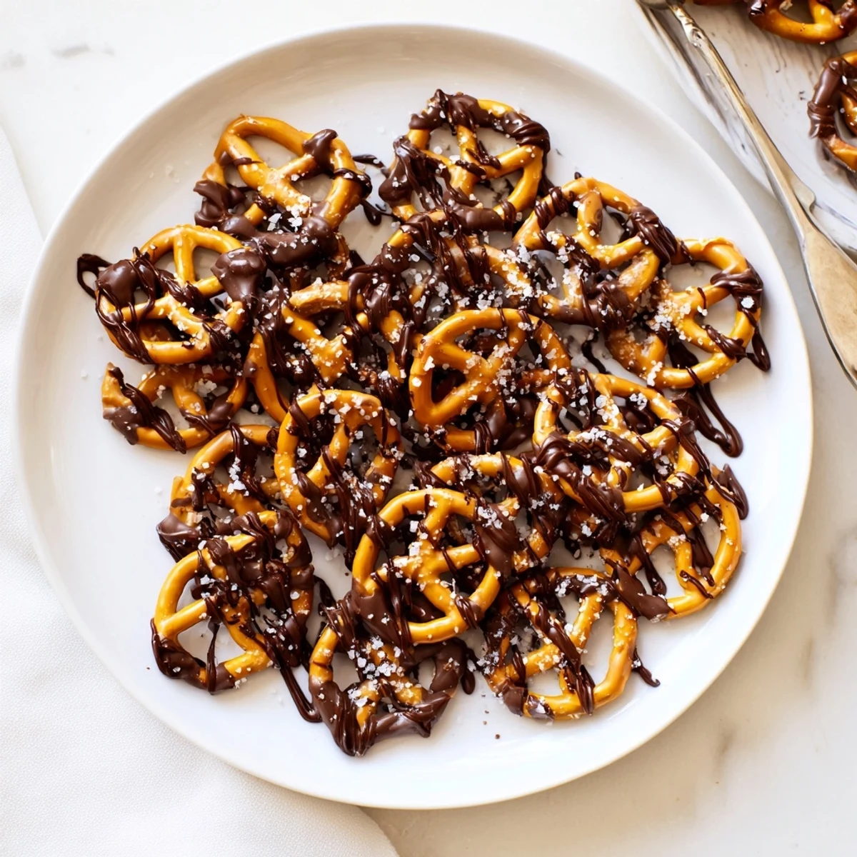 Golden butter toffee pretzels drizzled with melted chocolate and sea salt flakes on a white plate.