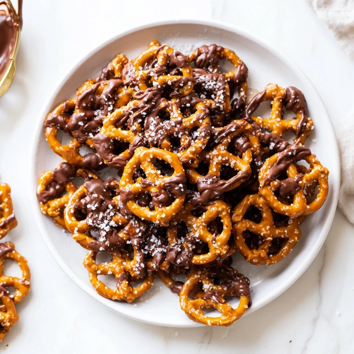 Sweet and salty butter toffee pretzels stacked high, showcasing a crunchy caramel coating and rich chocolate swirls.