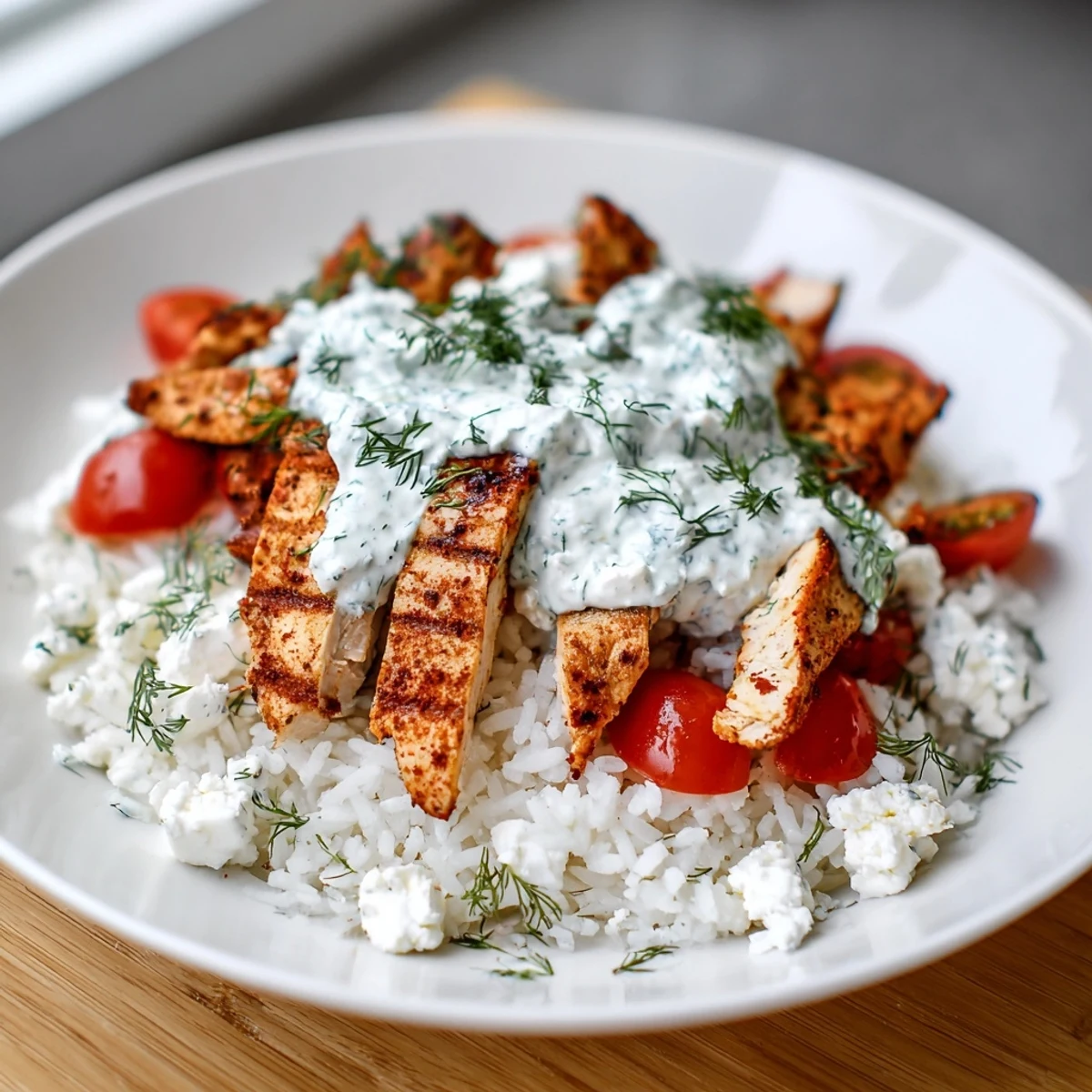 Savory Greek chicken bowls arranged with rice, fresh toppings, and tangy tzatziki sauce