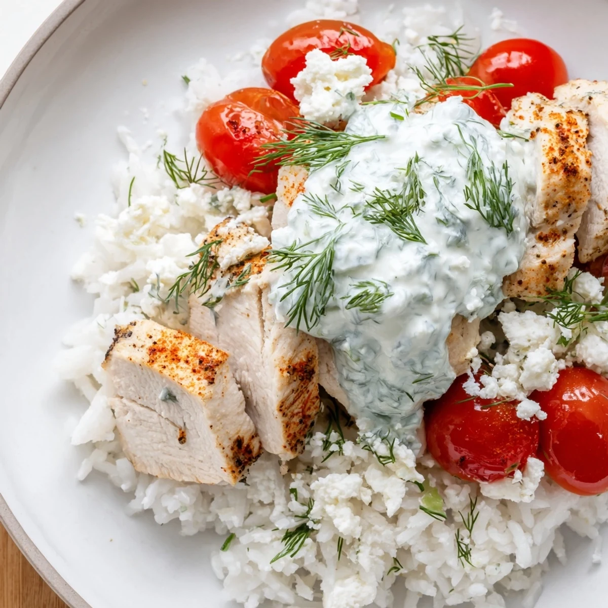 Greek chicken bowls featuring grilled herbed chicken, crisp vegetables, rice, and creamy tzatziki