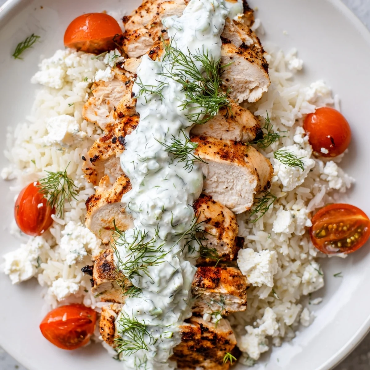 Mediterranean-style Greek chicken bowls topped with feta, olives, and juicy tomatoes