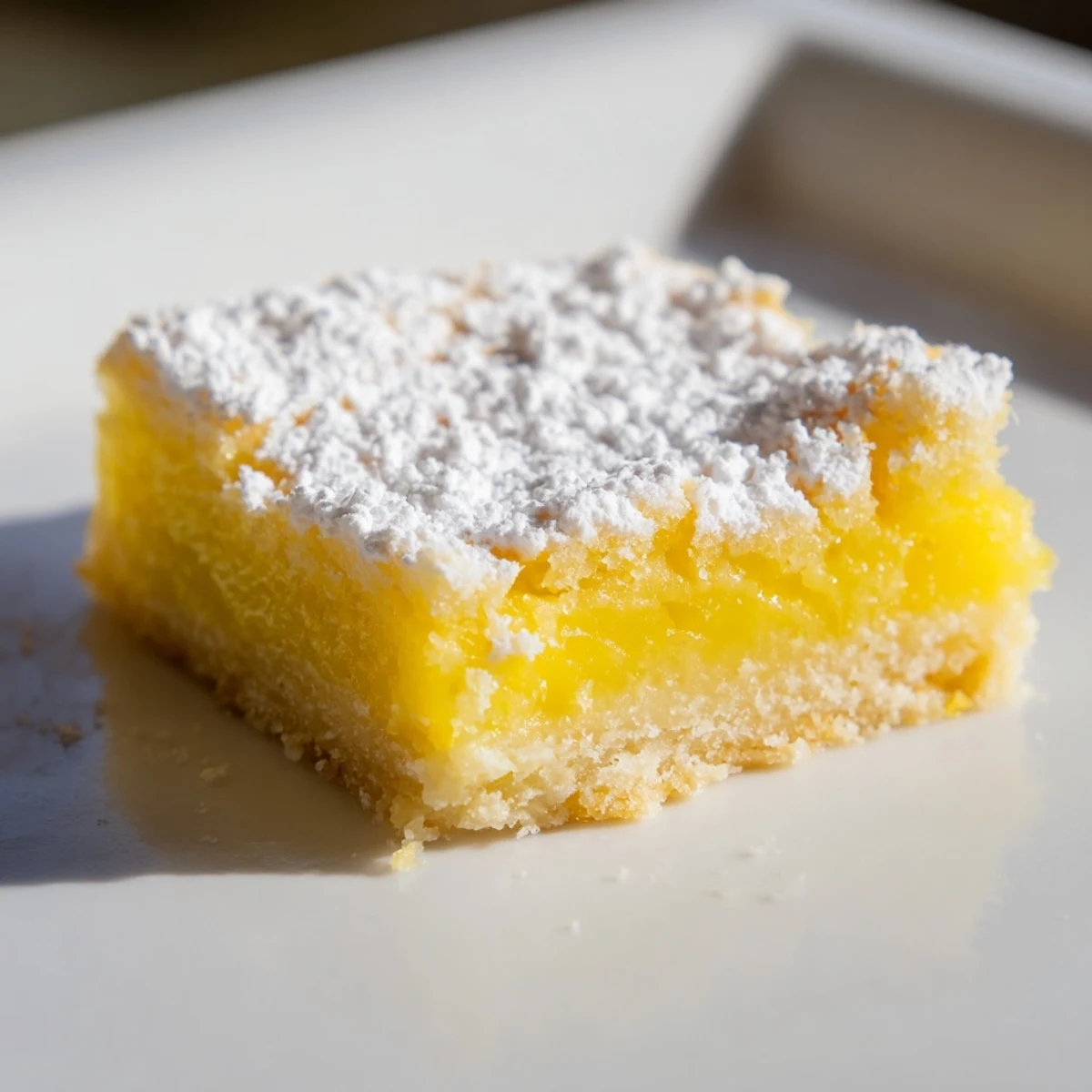 Golden simple lemon bars dusted with powdered sugar on a white plate