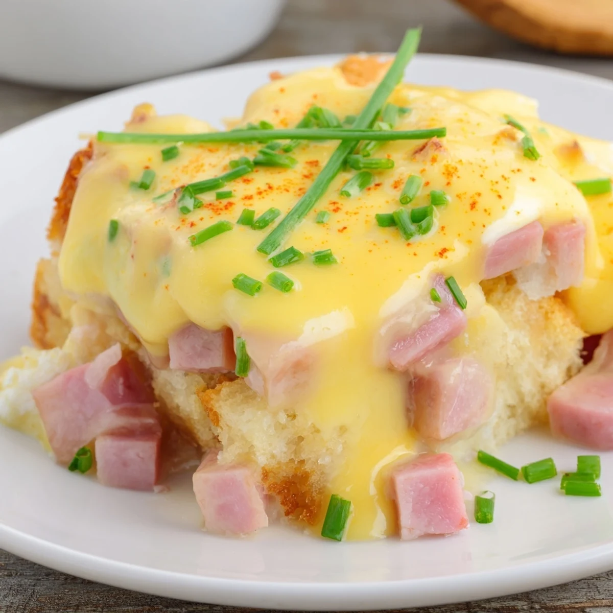 Baked breakfast casserole with layers of English muffins Canadian bacon and eggs  