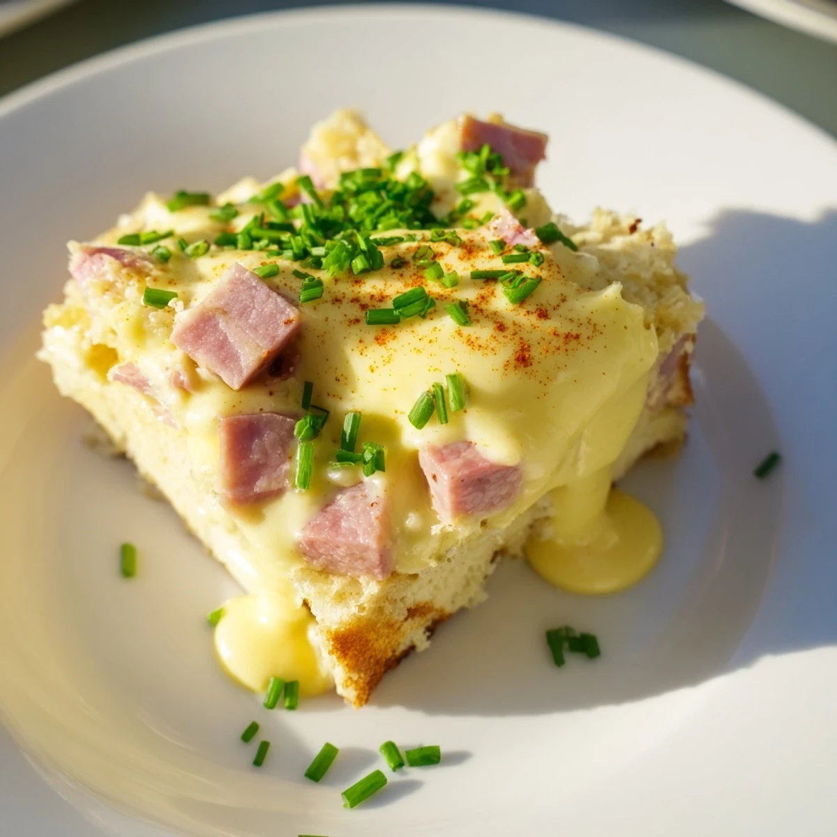 Golden Eggs Benedict casserole drizzled with rich hollandaise sauce and chives  