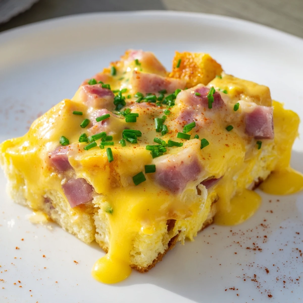 Savory brunch dish featuring poached egg style casserole topped with creamy hollandaise