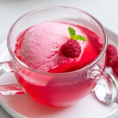 In a tall glass, Pink Punch with Raspberry Sherbet creates a frothy pink foam, with lemon slices and fresh raspberries on the rim.  