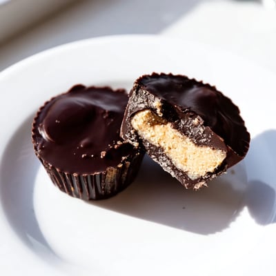 Close-up of a Chocolate Peanut Butter Cup broken in half, revealing the smooth peanut butter center inside.  