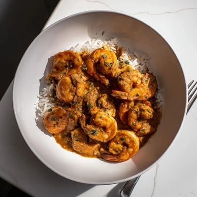 Tender shrimp nestled in a vibrant Mardi Gras Shrimp Étouffée, garnished with fresh green onions, parsley, and bright lemon wedges.