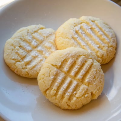 A plate of warm Grandma's Secret Butter Cookies beside a steaming cup of tea