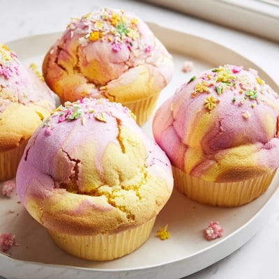 Fluffy Steamed Blooming Cupcakes swirled with pastel colors and topped with sprinkles