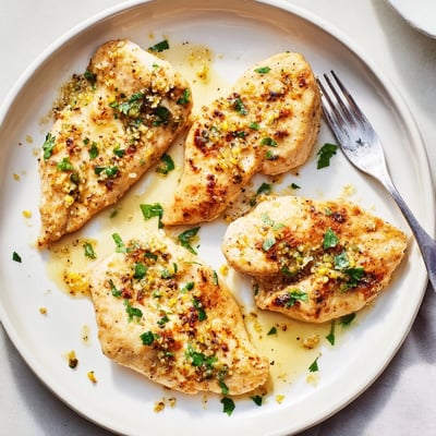 Tender chicken breasts simmered in a rich lemon garlic butter sauce with parsley