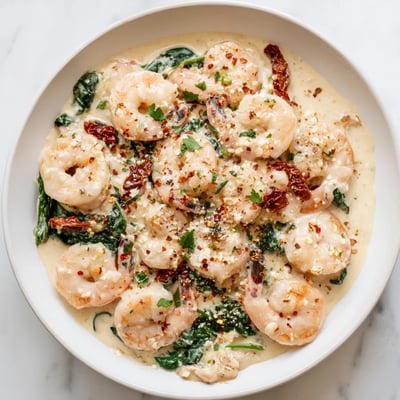 Keto creamy Tuscan shrimp plated over zucchini noodles with sun-dried tomatoes and parsley