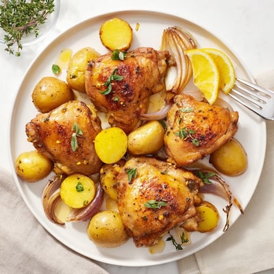 Crispy skinned baked honey lemon chicken and potatoes drizzled in sticky glaze