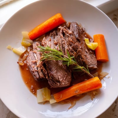 Perfect pot roast sliced thick beside fork-tender vegetables drenched in pan juices