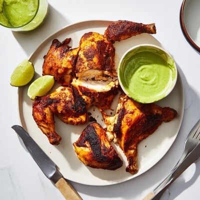 Juicy Peruvian chicken carved on a wooden board with vibrant green aji verde sauce
