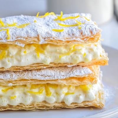 Layered lemon ricotta puff pastry mille feuuille with creamy citrus filling and flaky shells