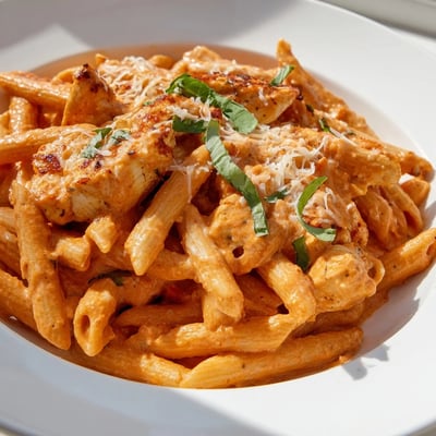 Golden seared chicken slices over creamy sun-dried tomato Marry Me Chicken Pasta